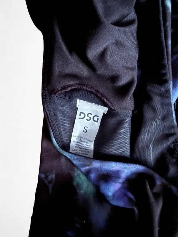 DSG Women’s High Neck Longline Sports Bra Blue Black Tie Dye Size Small - Image 3