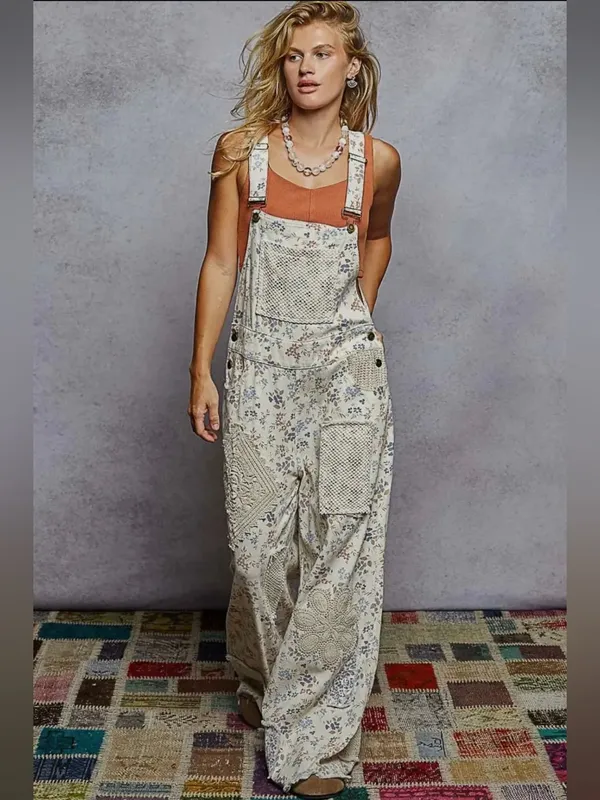 NWT POL Touch of Flowers Crochet Patch Overalls, Cream Floral Patchwork - Image 10