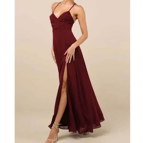 NEW Lulus Event Ready Burgundy Pleated Backless Lace-Up Sweeping Maxi Dress - Image 3