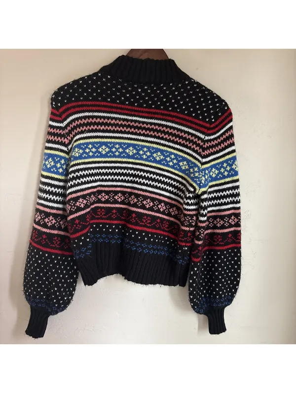 American Eagle Black Fair Isle Mock Neck Sweater Striped Bishop Sleeves Size M - Image 6