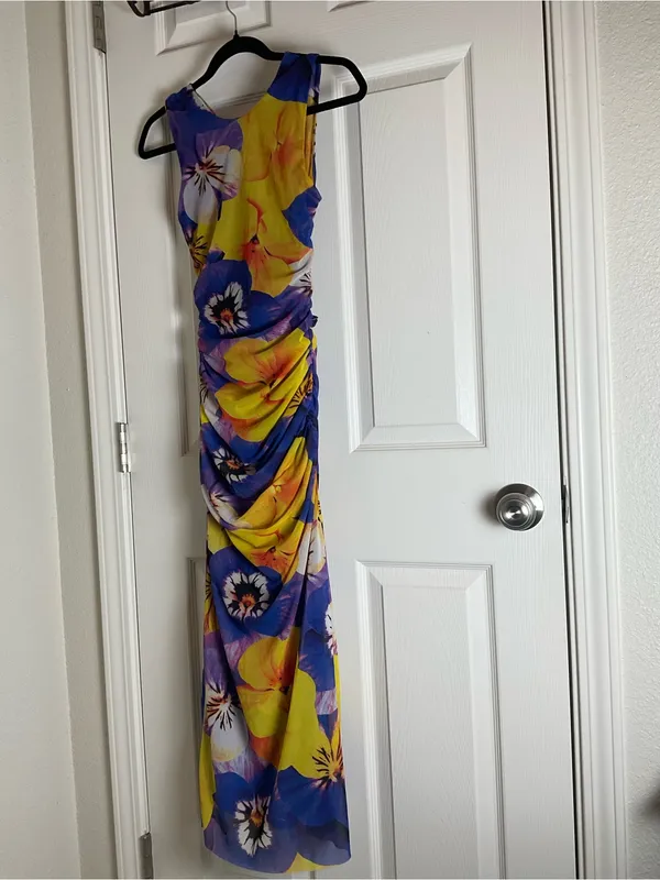 Zara Vibrant Floral Print Mesh Maxi Dress Criss Cross Open Back S - Image 3