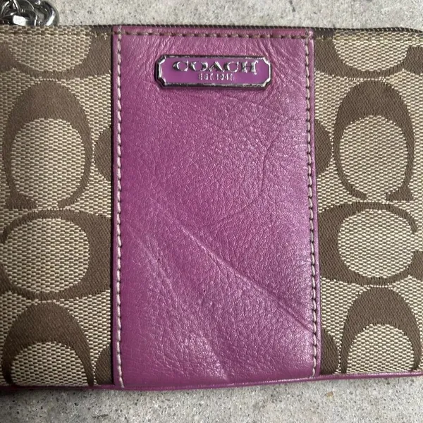 Coach Signature Logo Leather Zip Wristlet Tan & Purple - Image 3