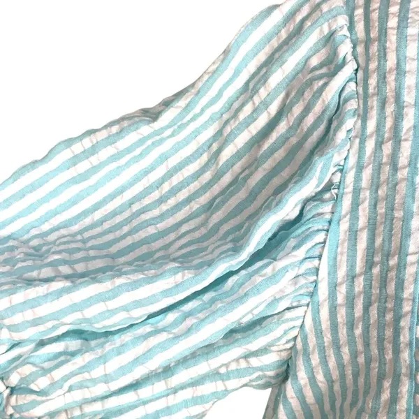 &merci Aqua White Striped Seersucker Tiered Mini Dress S Half Button Puff Sleeve - Image 5