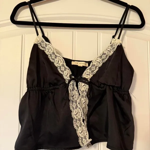 LA Hearts Black‎ Satin Lace Trim Cami Top Women's Size Small Tie Front - Image 3