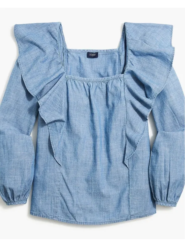 J. Crew Chambray Ruffle Square Neck Long Sleeve Top Blouse Blue Size Med BK626 - Image 2