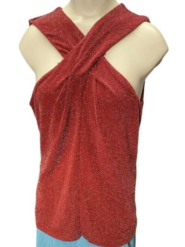 MICHAEL Michael Kors Top LARGE Red Crisscross Neck Metallic Holiday Sleeveless - Image 2