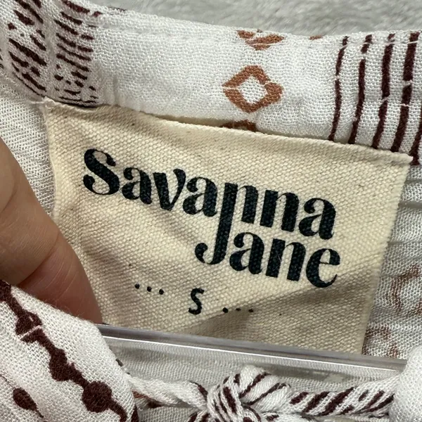 Savanna Jane Floral Peasant Top Boho Tunic Tie Neck‎ White Brown Size S - Image 4