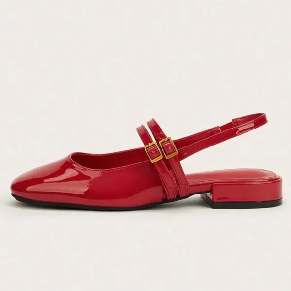Red patent faux leather square toe double strap buckle strappy flats - Image 3