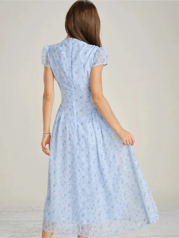 Rihoas Blue Mock Neck Floral Chiffon Maxi Dress - Image 5