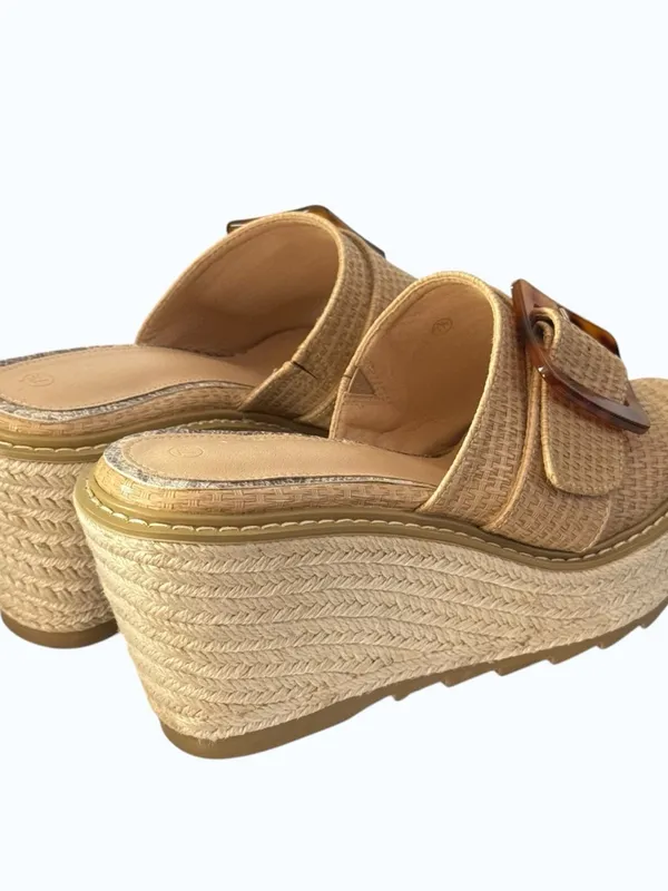 Chunky Wedge Raffia Espadrille Platform Slide Sandals With Tortoiseshell Buckle - Image 12