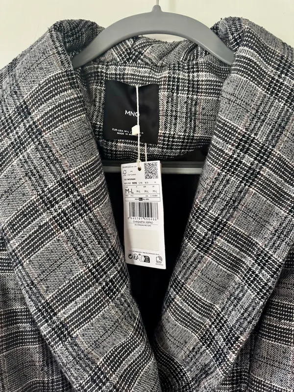 Mango Grey Checked Structured Quilted Jacket - Size M-L - Image 7