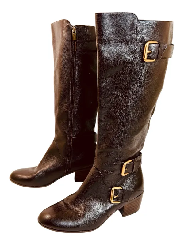 Isola Dark Brown Leather Riding Boots, Stacked Heels, Brass Buckles, size 9.5 - Image 2