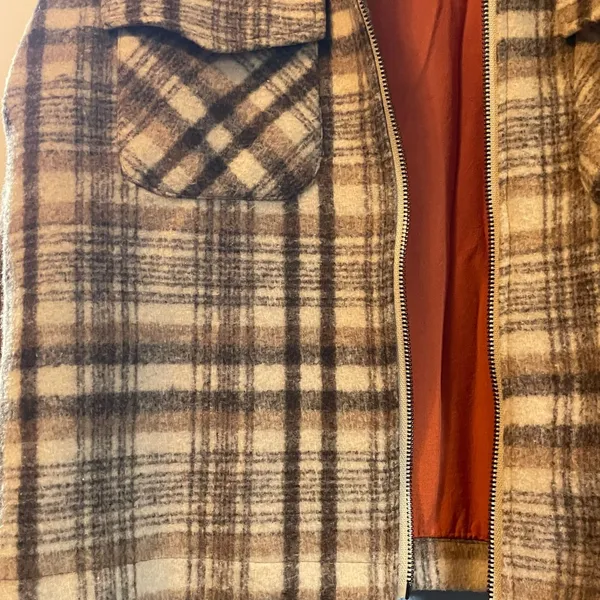 The Nines S Small Plaid Cropped Earth Tones Full Zip Pocket Collar Jacket Blazer - Image 5