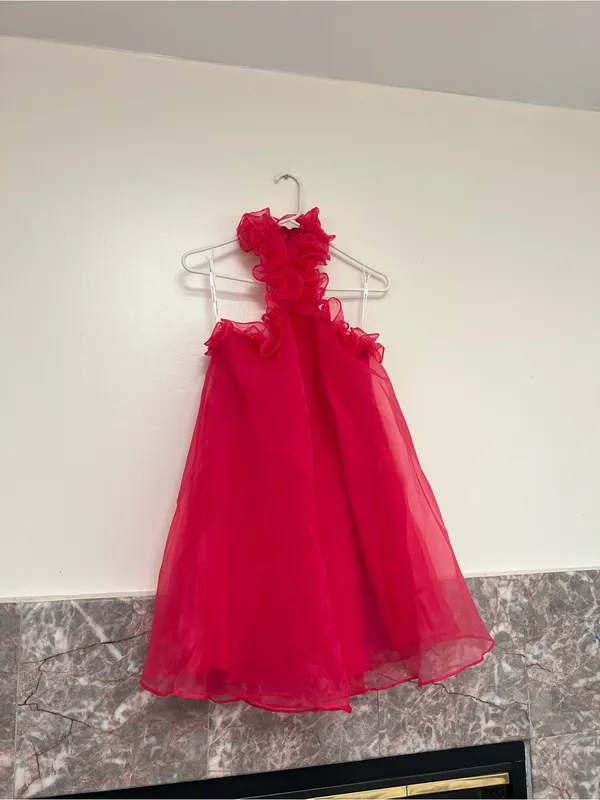 Lovers + Friends Capri Mini Dress Size S Hot Pink Halter Babydoll Organza Party - Image 4