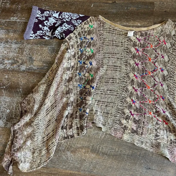 Free People Fressia Pullover Sweater Boho Tunic Mixed Knit Embroidered M/L - Image 5