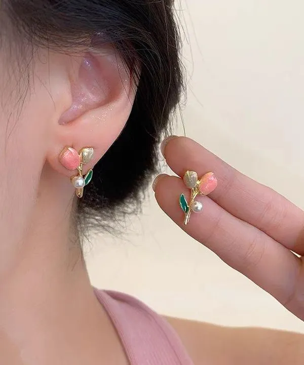S925 silver needle pink tulip earrings female niche design delicate earrings - Image 2