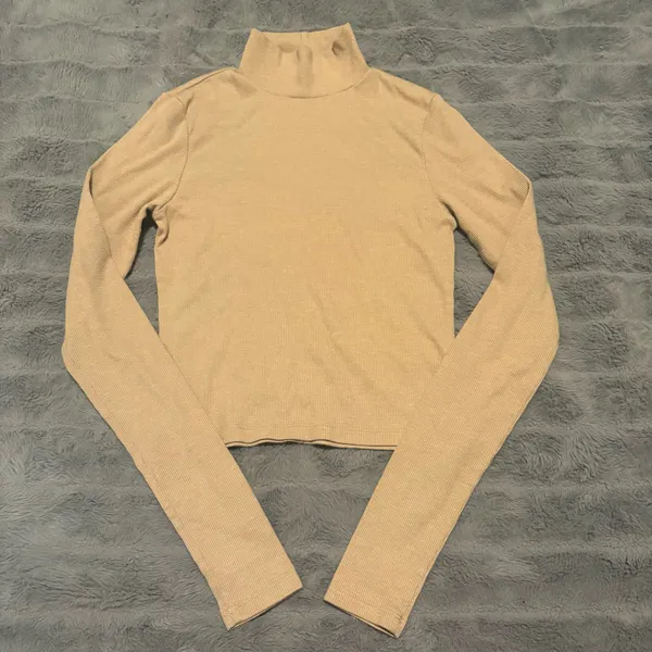 American Eagle Ribbed Turtleneck Top Beige Long Sleeve Fitted Stretch Women’s S - Image 3