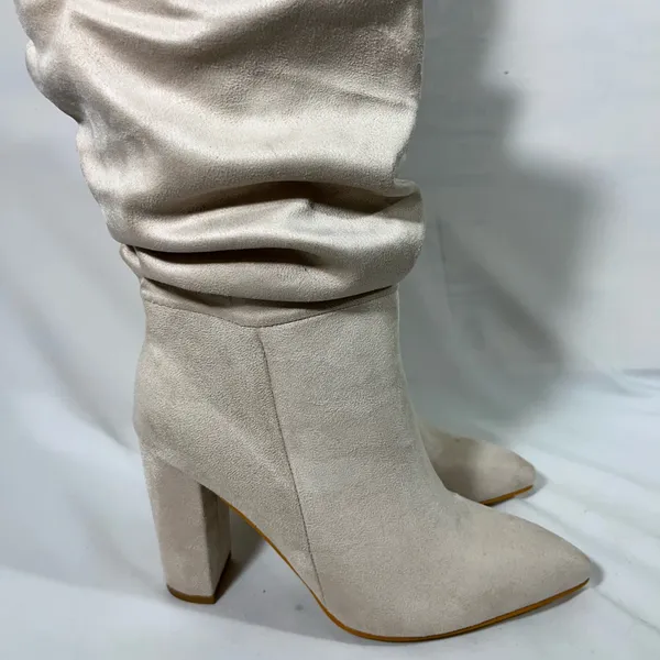 Suede Slouch Pull On Boots 4” Block Heel Womens Eu 42 Us‎ Sz 11 Ivory New - Image 4