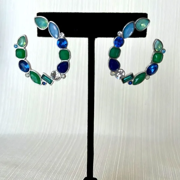 Jewelry Set- Silver Tone with Blue and Green Crystals Necklace and Earring - Image 5