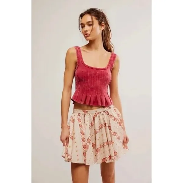 FREE PEOPLE Gaia Floral Printed Skirt Mini Ivory Combo Pockets Poplin Small‎ - Image 15