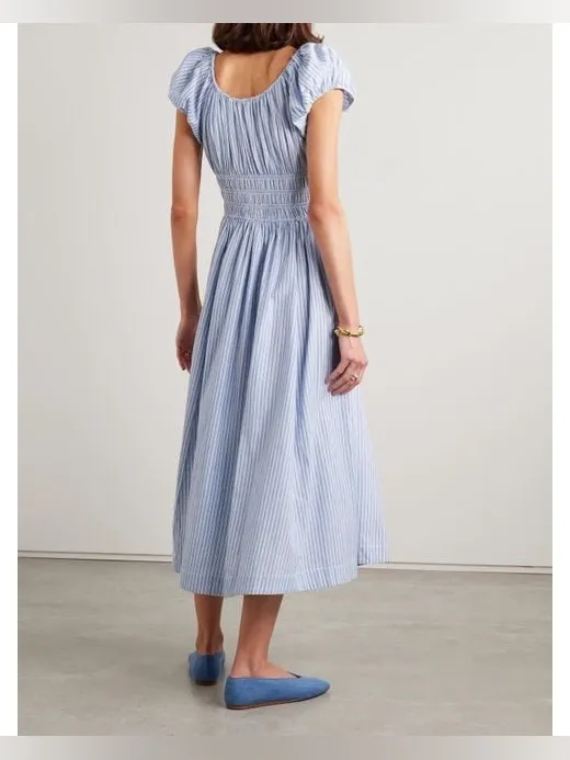 Doen Quinn Tie-Detailed Shirred Striped Organic Cotton-Poplin Midi Dress,Blue,M - Image 2