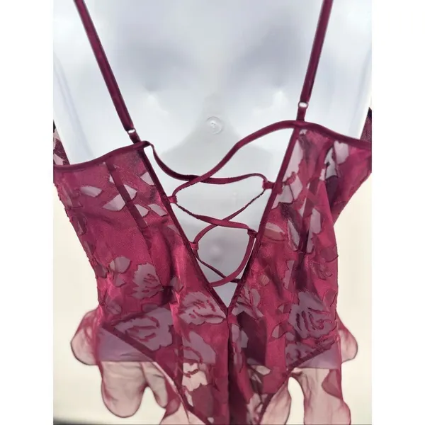 Vintage Victorias Secret Satin Teddy Lingerie Gold Label Maroon Floral Size M - Image 9