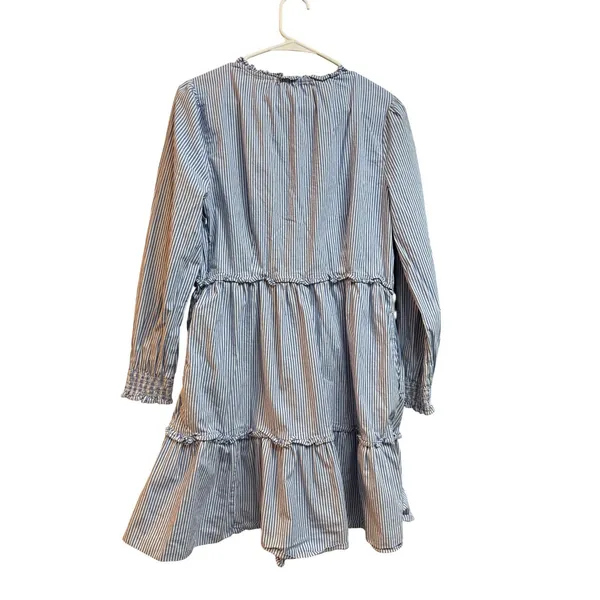 J. Crew Women's Size 12‎ Blue Striped Tiered Ruffle Long Sleeve Dress - Image 3