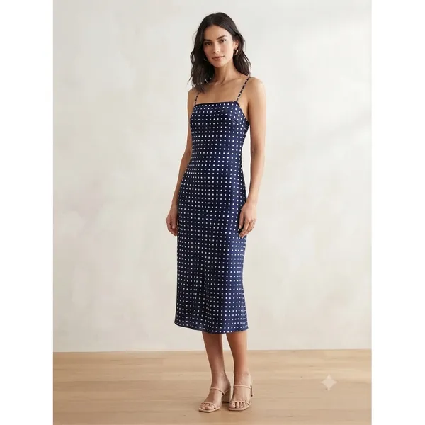 Urban Outfitters Slip Dress Womens‎ XS Navy Polka Dot Satin Midi Square Neck - Image 2