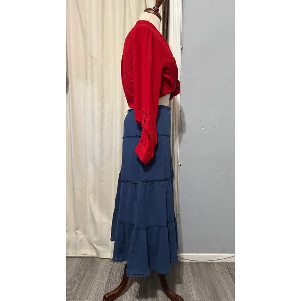 Chaps Maxy SKirt L‎ Navy Blue Crinkle Gauze Tiered Large Boho 100% Cotton Flowy - Image 11