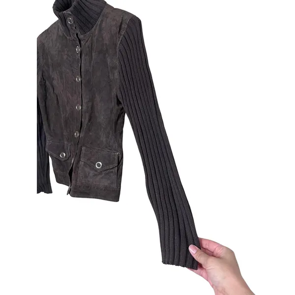 Massini Suede Ribbed Knit Collar Button Front Jacket Women M‎ Dark Brown - Image 2