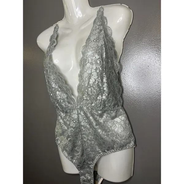 HAH Lace Bodysuit Womens Large Silver Plunge Teddy Sheer Floral Strappy Lingerie - Image 4