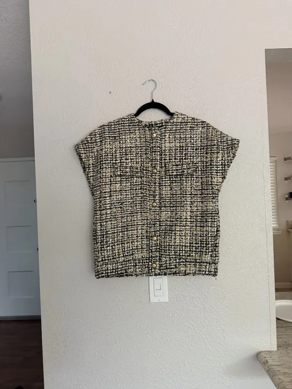 Zara collection black gold sequin tweed button down short sleeve blouse XS S - Image 3