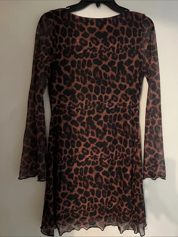 Leopard Print Bell Long Sleeve Sheer Dress - Brown Animal Print Y2k Mesh Sheer - Image 7