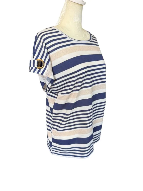 Modern Attraction navy white cream striped cap sleeve pullover top size M - Image 2
