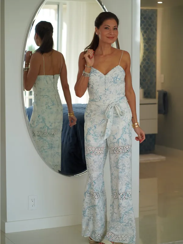 Alice + Olivia Shanti Blue & White Floral Toile Eyelet Wide Leg Jumpsuit XS 0/2 - Image 8