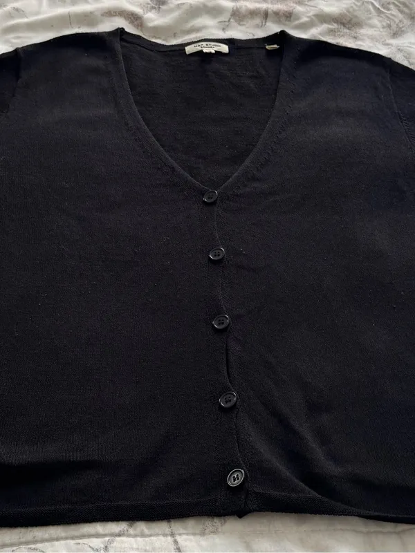 Max Studio London Black linen blend V-Neck Button-Up Cardigan, size XL preppy - Image 10