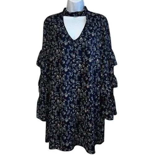 LE LIS Navy‎ Floral Long Sleeve Tiered Ruffle Trim Mini Shift Dress NWOT Large - Image 2