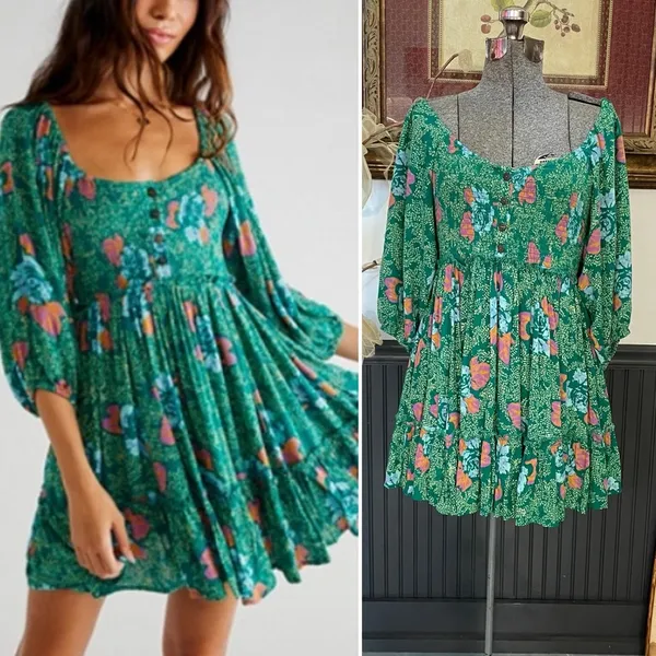 Free People Endless Summer Picnic Emerald Green Floral Boho Mini Dress - Sz S 🧡🎀 - Image 3