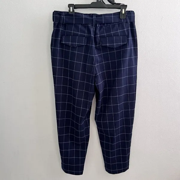 A New Day plaid Tapered crop Pants High Rise Size 14 Navy Blue Belted NEW - Image 6
