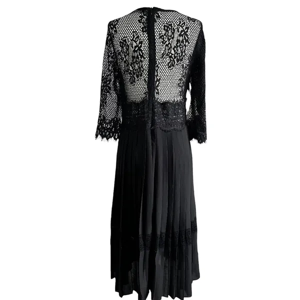 Zara Basic Black Lace Pleated Midi Dress Sz Large 3/4 Sleeves Sheer Back | 65-32 - Image 4