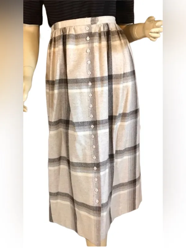 Vintage 1980'S Century Beige & Brown Plaid Wool Midi Skirt (12) - Image 2