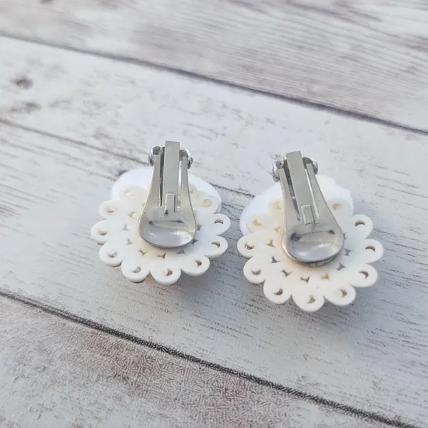 Vintage Clip On Earrings Shell with Faux Pearl & Clear Gems - Image 5