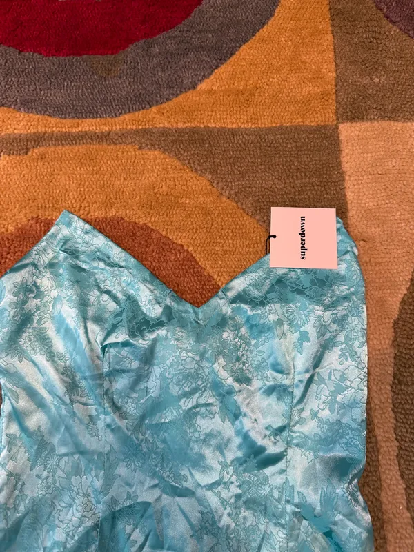 NWT Superdown Aqua Blue Satin Strapless Mini Dress Tie Back FLAWED See pics S - Image 2