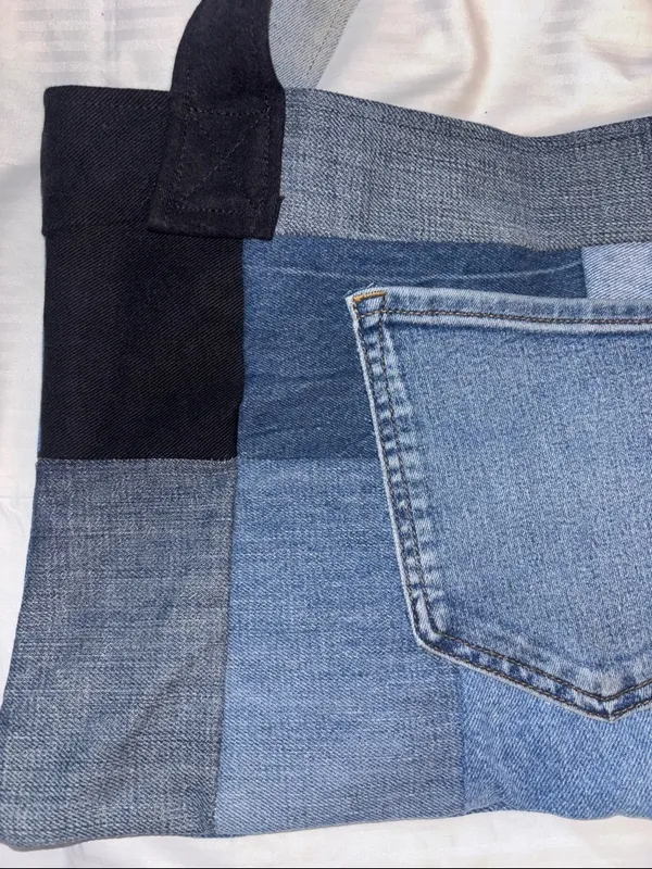 Denim Tote Bag Made Up Of All Different Swatches Of Denim Pocket On The Outside - Image 6