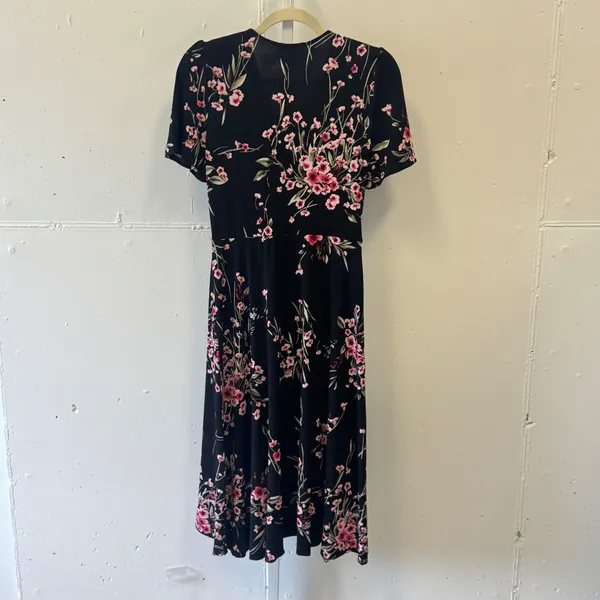 White House Black Market Floral Faux Wrap High Low Midi Dress Black Pink 4 - Image 2
