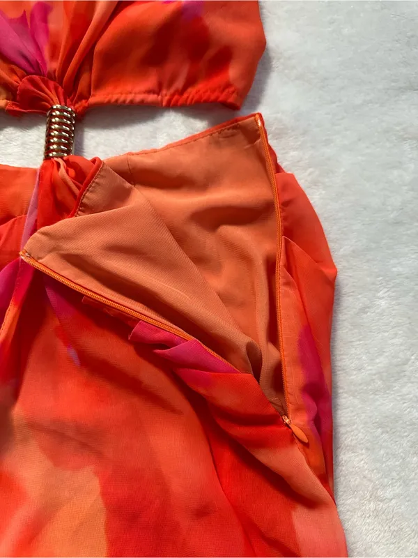 Hello Molly Golden Hour Drinks Midi Dress Orange Size 2 XS Cutout Chain Back - Image 4
