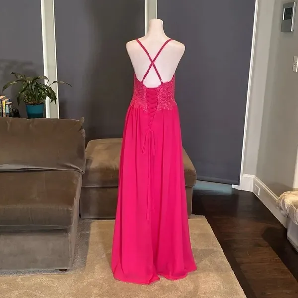 Women’s Pink Full Length Prom Party Dress Lace Appliqué Spaghetti Straps Size 8 - Image 6