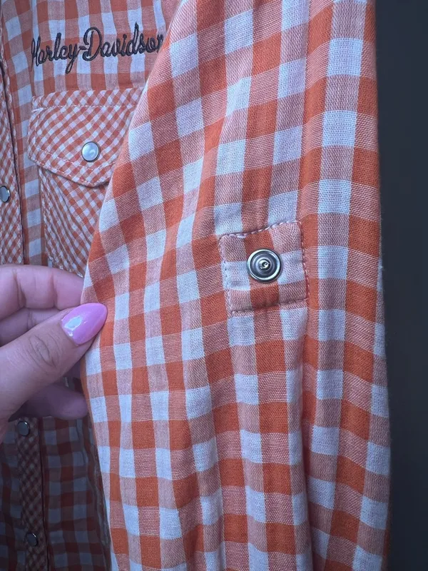 Harley Davidson Orange Gingham Snap Shirt‎ Embroidered Back Small - Image 11
