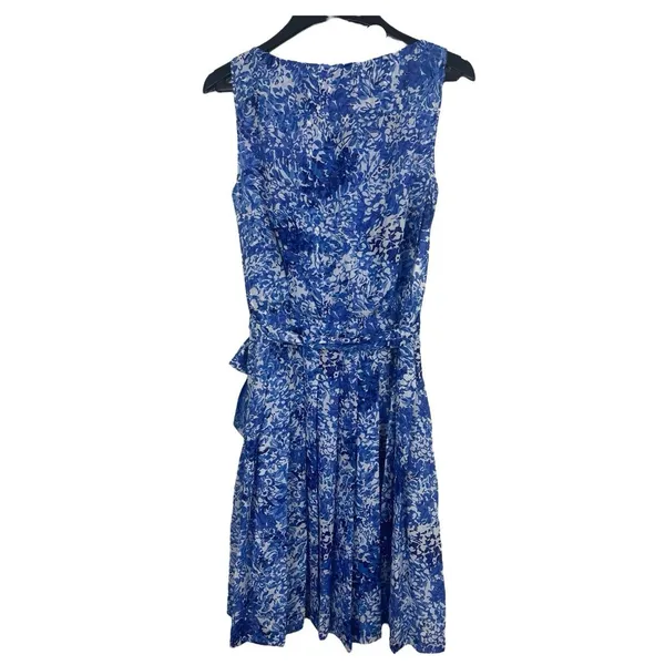 Lauren Ralph Lauren Blue Floral Sheer Lined Tie Waist Pleated Sleeveless Dress 2 - Image 2