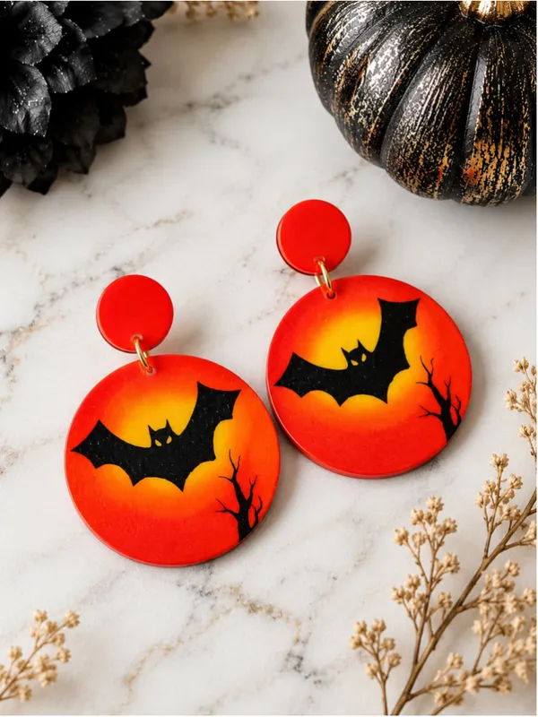 NEW Halloween Bat Orange Acrylic Dangle Earrings Spooky Fall - Image 3